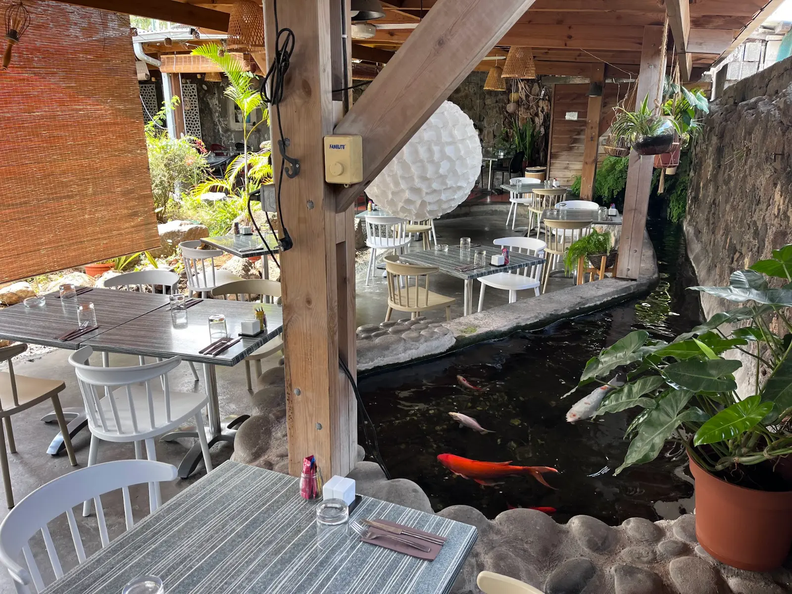 Le patio du restaurant à midi : tables blanches sous les bois, plantes et bassin aux carpes koï.