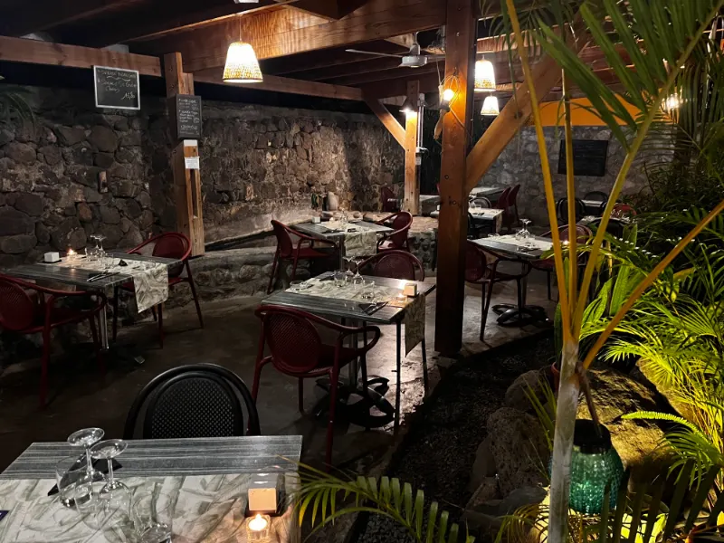 Les tables du patio le soir, contre le mur de pierre, sous les lampes.